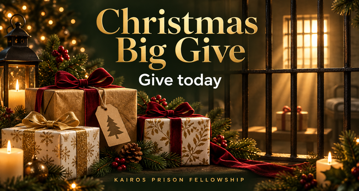 Wrapped Christmas gifts in front of prison bars and a glowing cell window