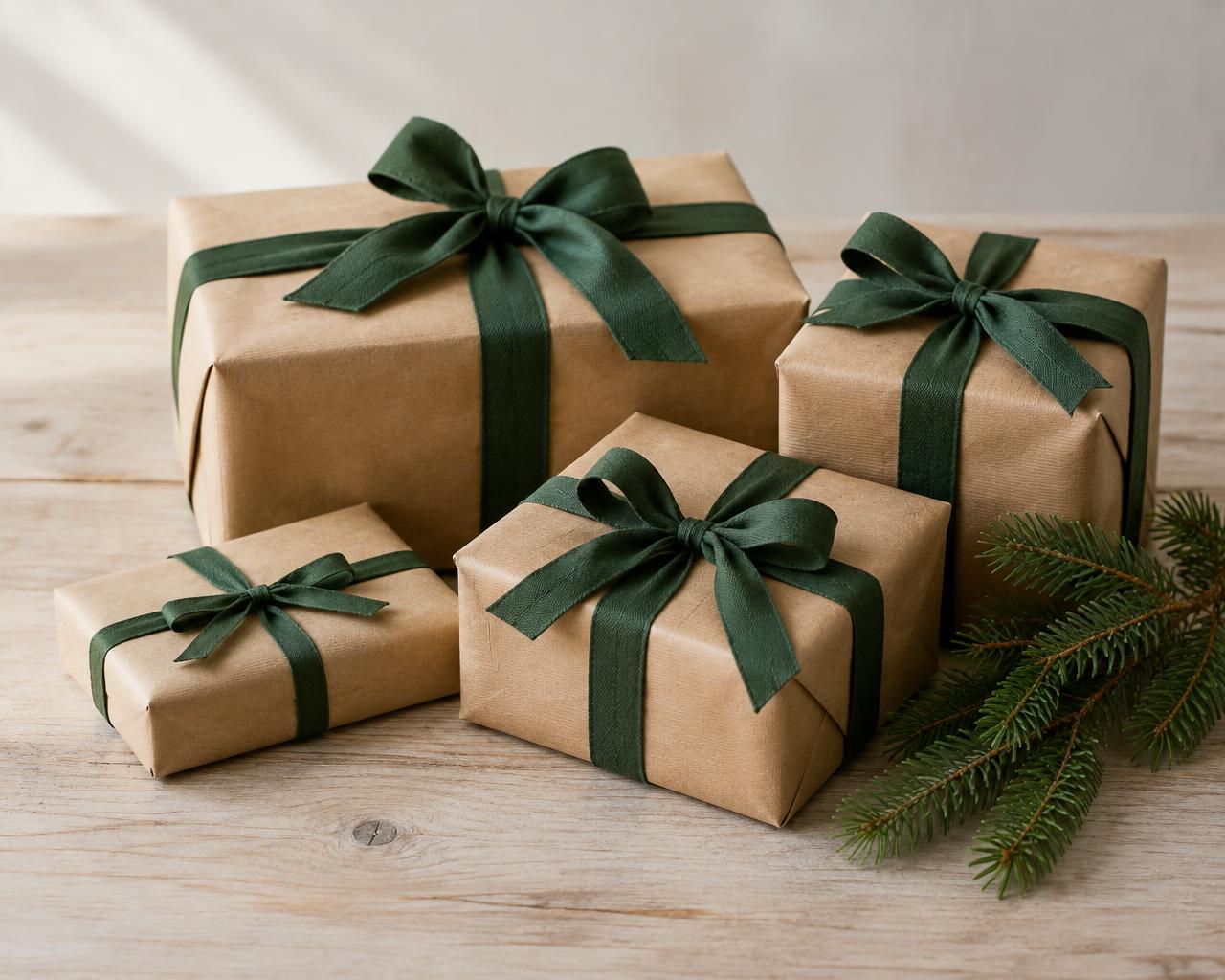 Christmas gift boxes wrapped with green ribbons
